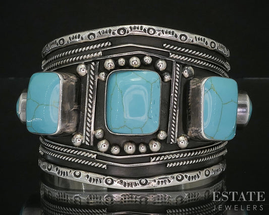 Vintage Sterling Mexico Esperanza Turquoise Large Cuff Bracelet 112g p15524b