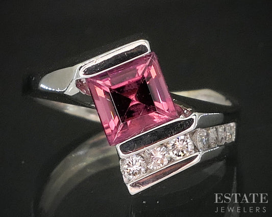14k White Gold Square Cut Natural Pink Tourmaline & Diamond Ring 7.9g p16542
