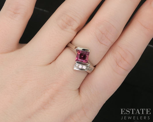 14k White Gold Square Cut Natural Pink Tourmaline & Diamond Ring 7.9g p16542
