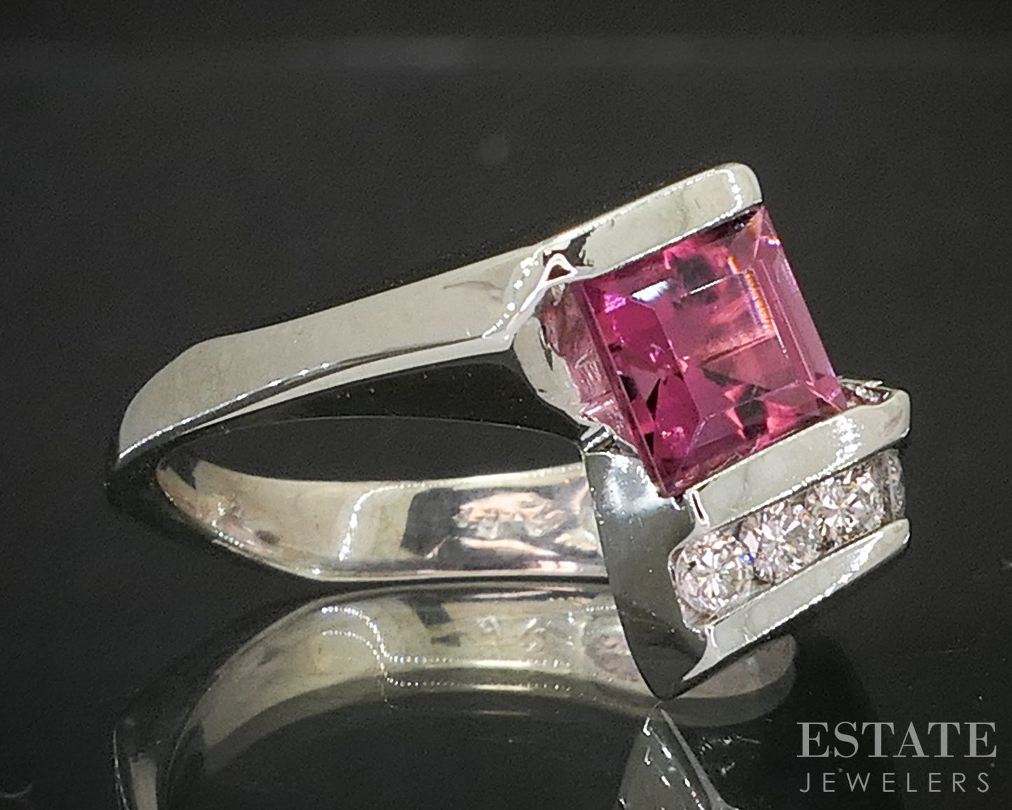 14k White Gold Square Cut Natural Pink Tourmaline & Diamond Ring 7.9g p16542