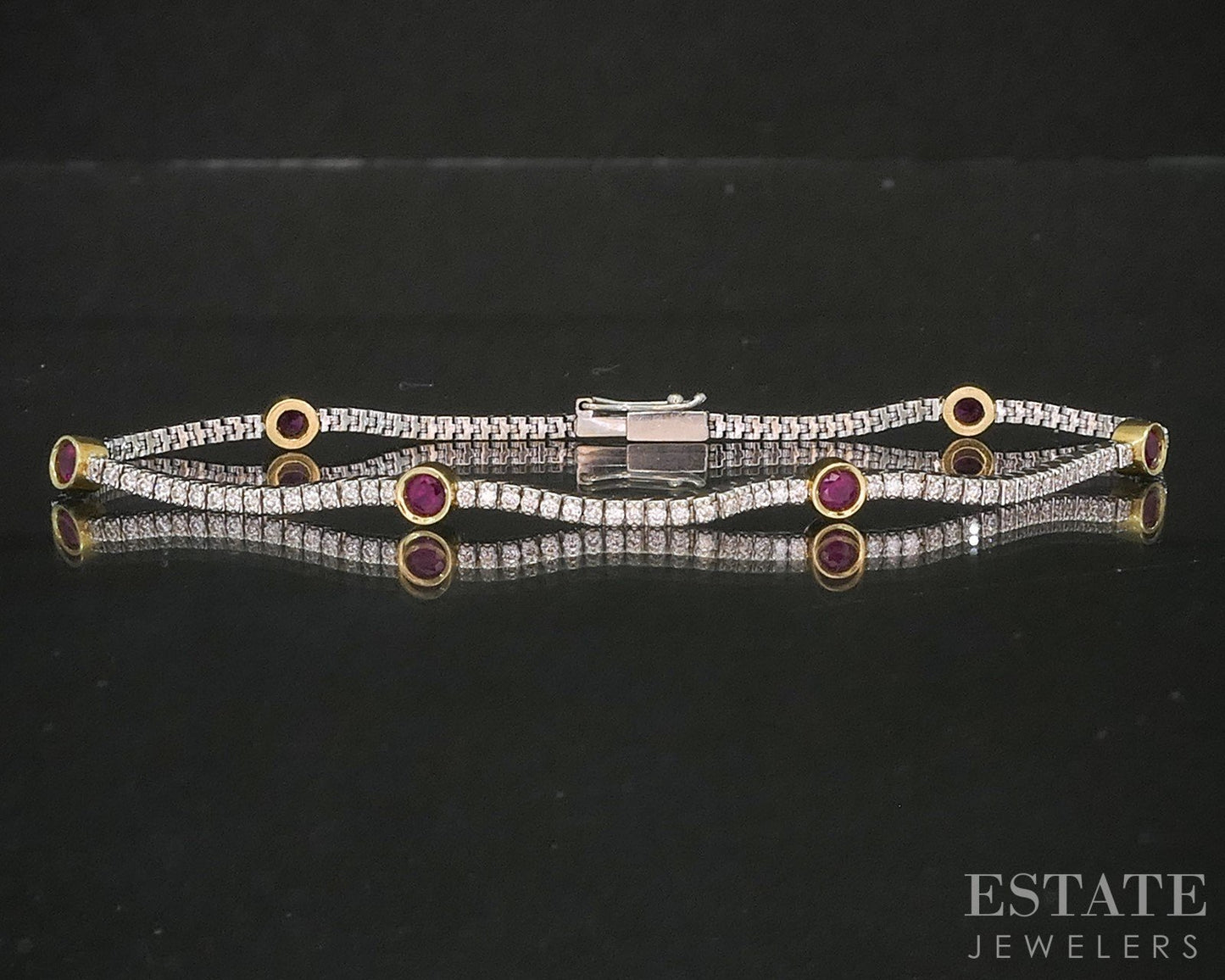 18k Two Tone Gold Natural Ruby & Diamond Tennis Bracelet 5.9g 7.25"L p16384