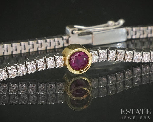 18k Two Tone Gold Natural Ruby & Diamond Tennis Bracelet 5.9g 7.25"L p16384