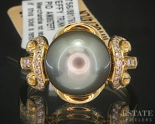 14k Yellow Gold EFFY 10mm Tahitian Black Pearl & Diamond Ring 5.8g p16417