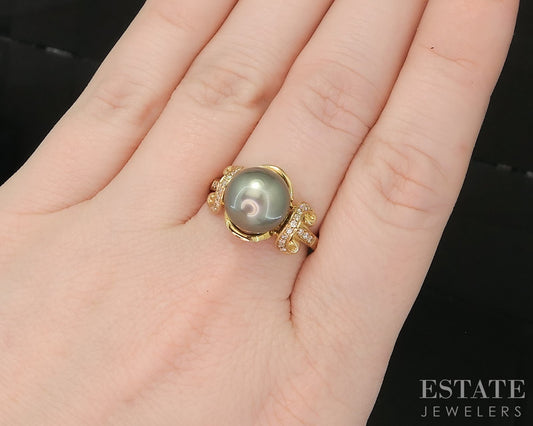 14k Yellow Gold EFFY 10mm Tahitian Black Pearl & Diamond Ring 5.8g p16417