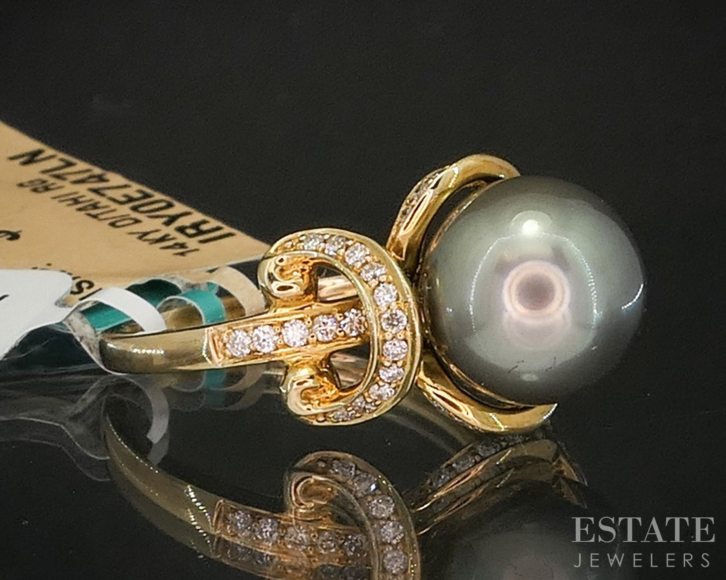 14k Yellow Gold EFFY 10mm Tahitian Black Pearl & Diamond Ring 5.8g p16417