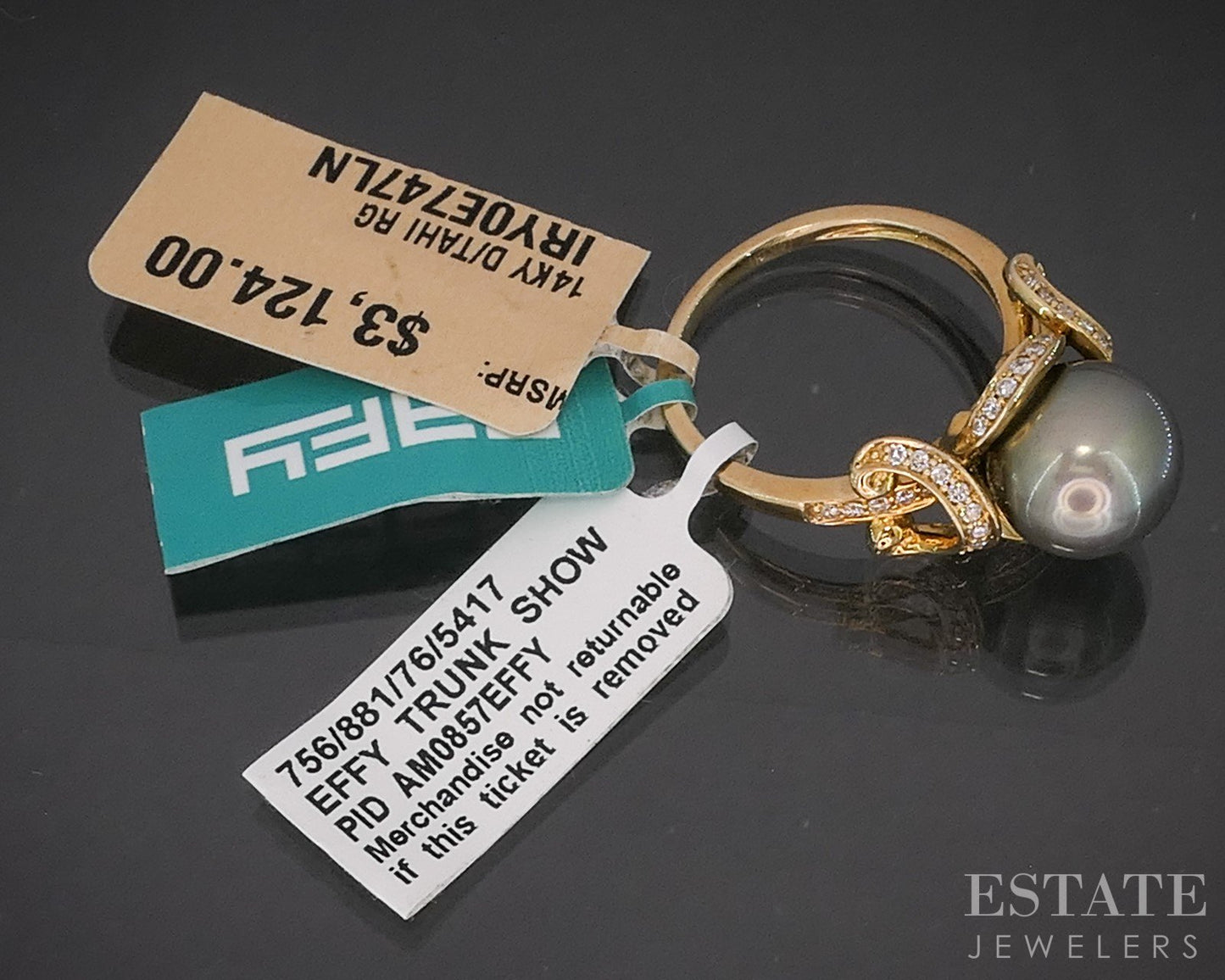 14k Yellow Gold EFFY 10mm Tahitian Black Pearl & Diamond Ring 5.8g p16417