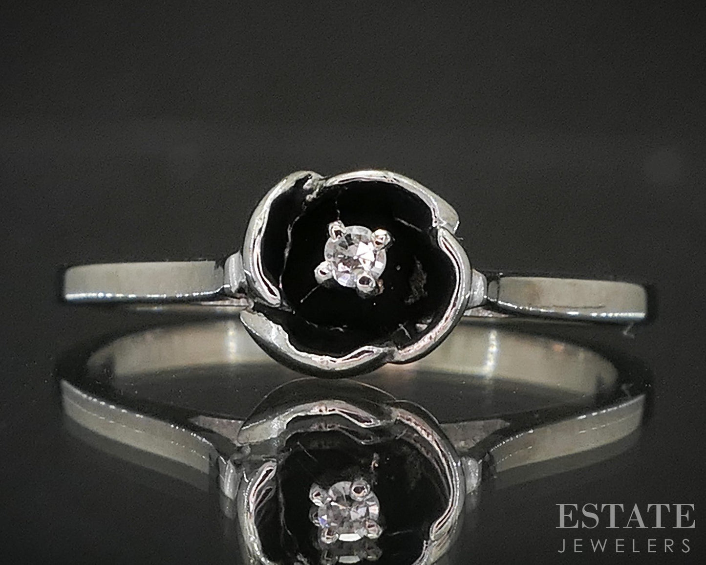 Vintage 10k White Gold Single Cut Natural Diamond Flower Ring 1.7g p16524