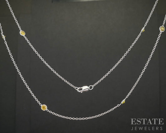 14k White Gold Natural 1ctw Yellow Diamond Station Necklace 3g 24"L p16396