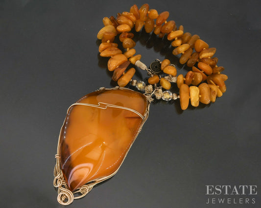 Vintage Gold Filled Natural Amber Beaded Large Pendant & Necklace 27"L p16383