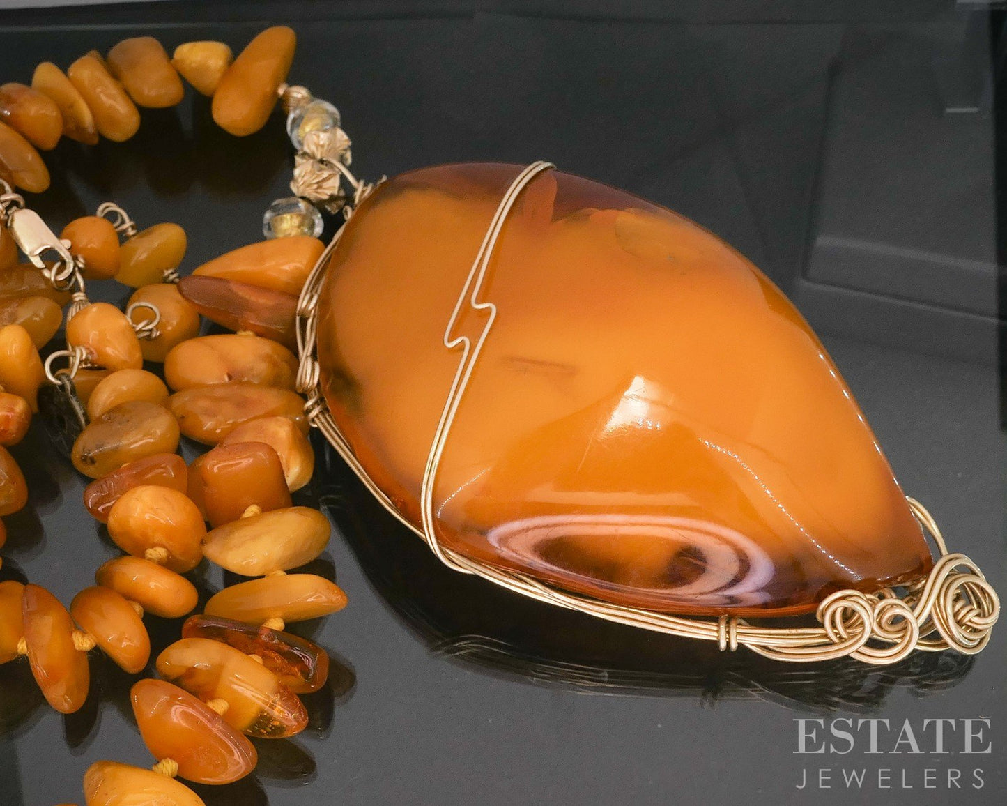 Vintage Gold Filled Natural Amber Beaded Large Pendant & Necklace 27"L p16383