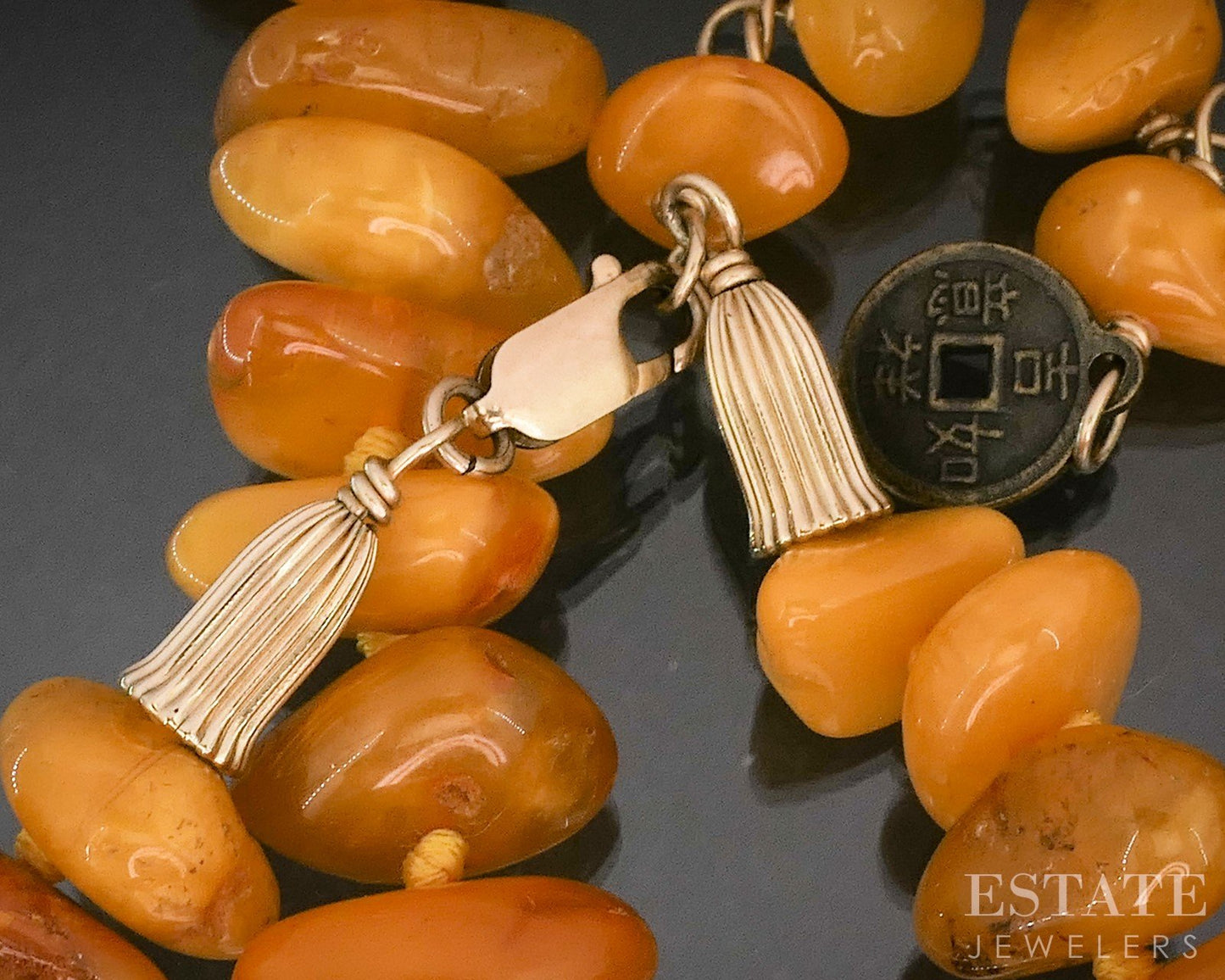 Vintage Gold Filled Natural Amber Beaded Large Pendant & Necklace 27"L p16383