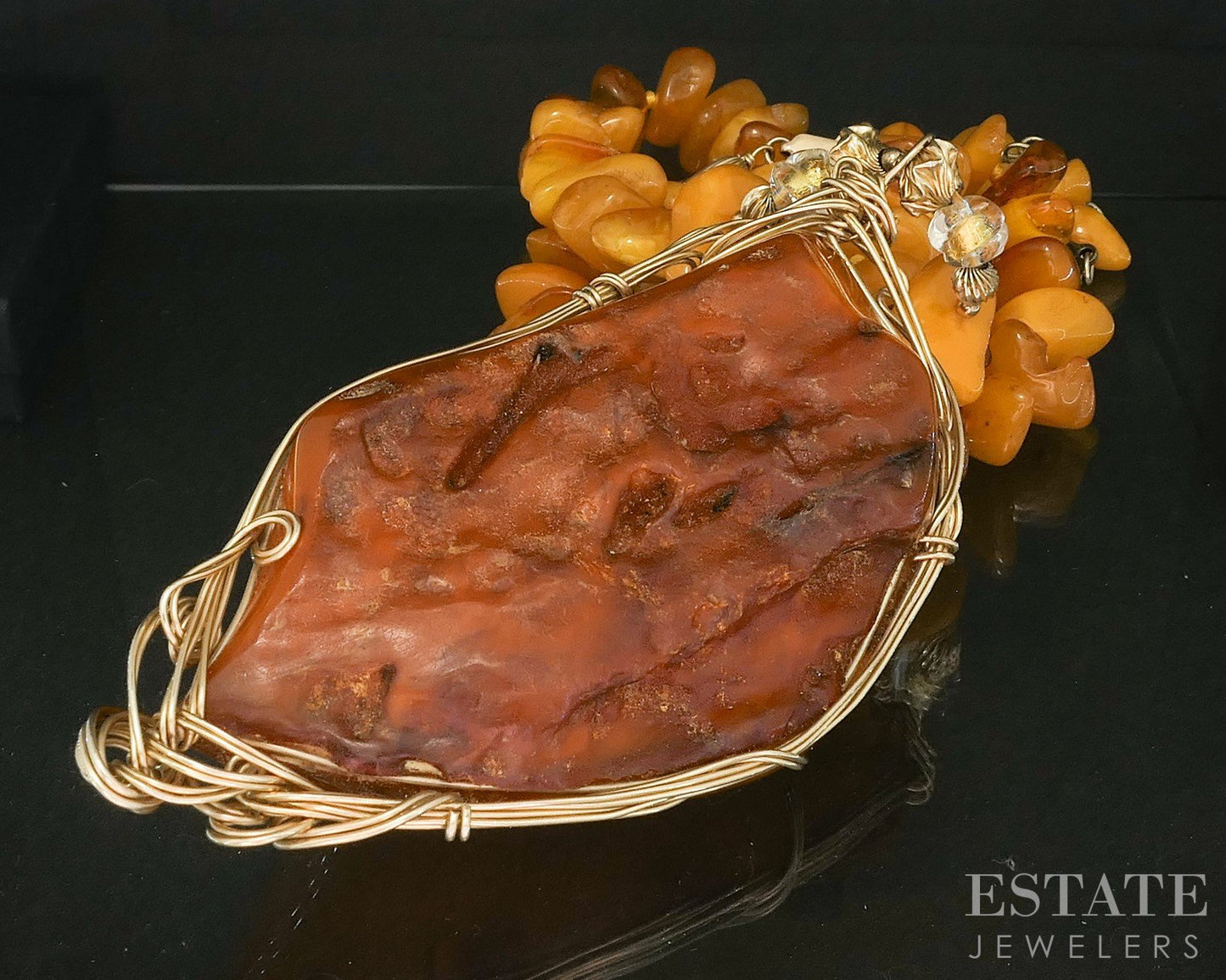 Vintage Gold Filled Natural Amber Beaded Large Pendant & Necklace 27"L p16383