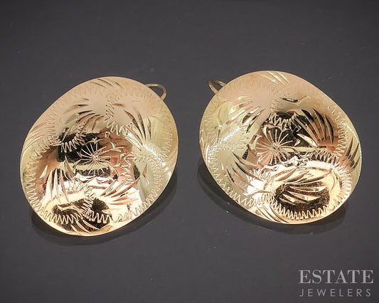 Vintage 14k Yellow Gold Etched Floral Disk Oval Dangle Earrings 2g p16589b