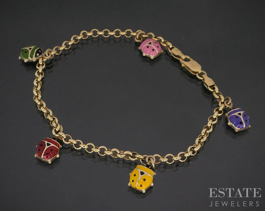 10k Yellow Gold Enameled Ladybug Charm Ladies Bracelet 4.4g 7.25"L p16588b