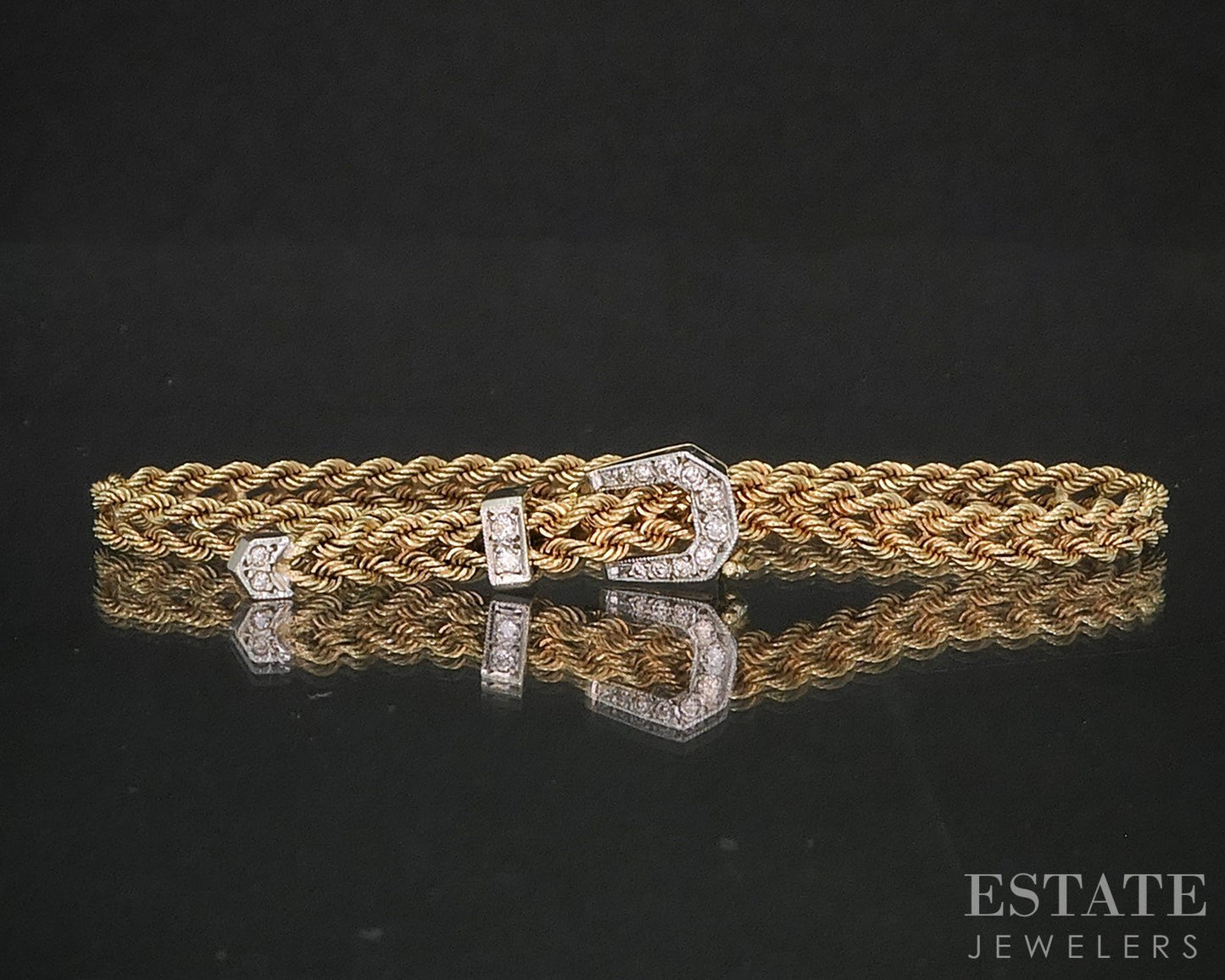 Vintage 14k Yellow Gold Diamond Buckle Rope Chain Bracelet 10.7g 8"L p16668b