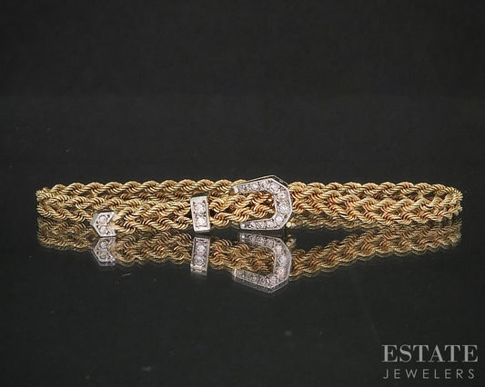 Vintage 14k Yellow Gold Diamond Buckle Rope Chain Bracelet 10.7g 8"L p16668b
