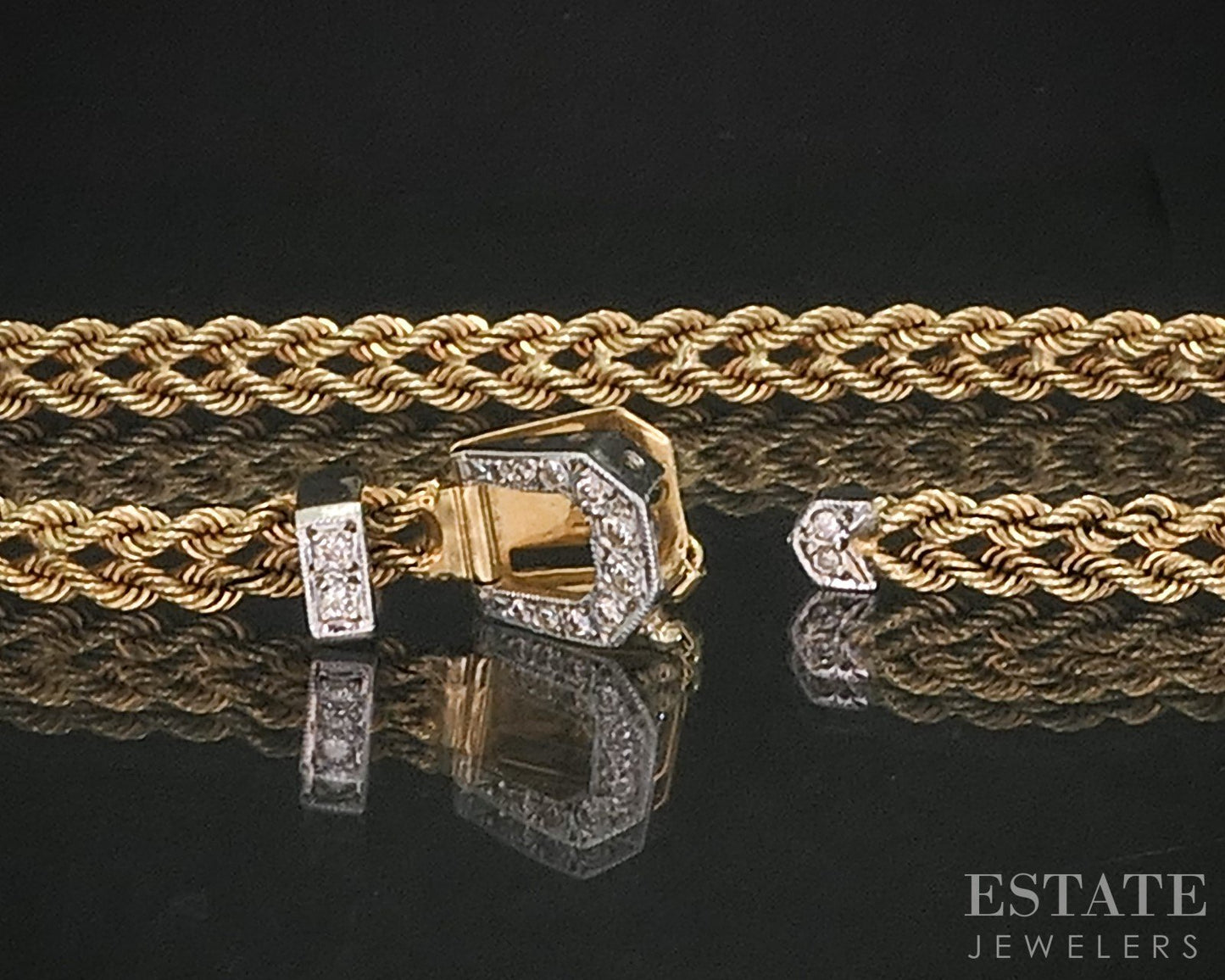 Vintage 14k Yellow Gold Diamond Buckle Rope Chain Bracelet 10.7g 8"L p16668b