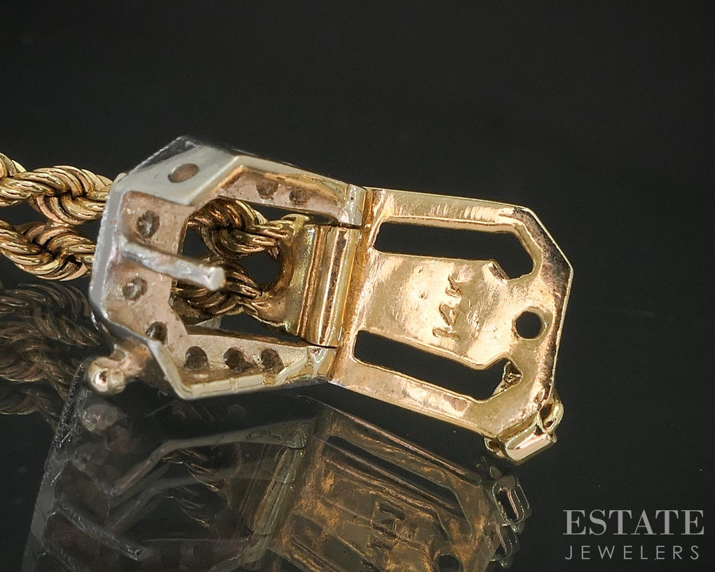 Vintage 14k Yellow Gold Diamond Buckle Rope Chain Bracelet 10.7g 8"L p16668b