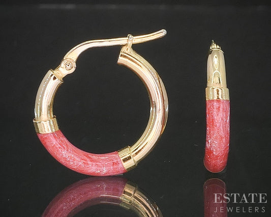14k Yellow Gold 2mm Pink Enameled Hoop Ladies Earrings 2.8g p16672b