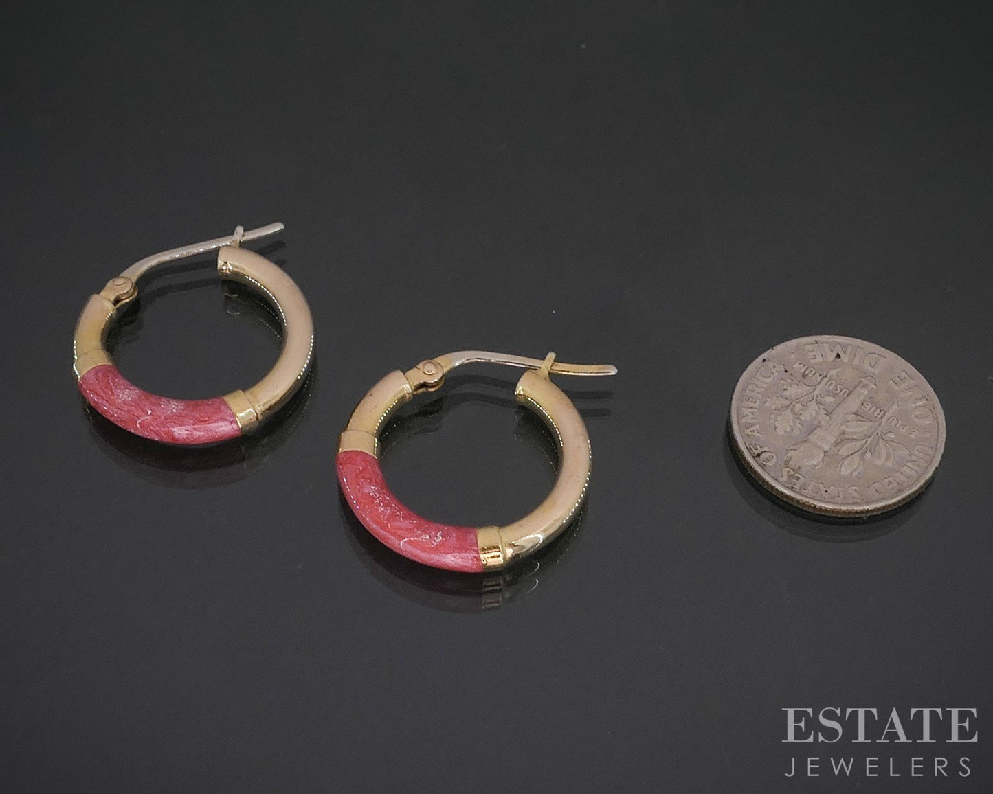 14k Yellow Gold 2mm Pink Enameled Hoop Ladies Earrings 2.8g p16672b