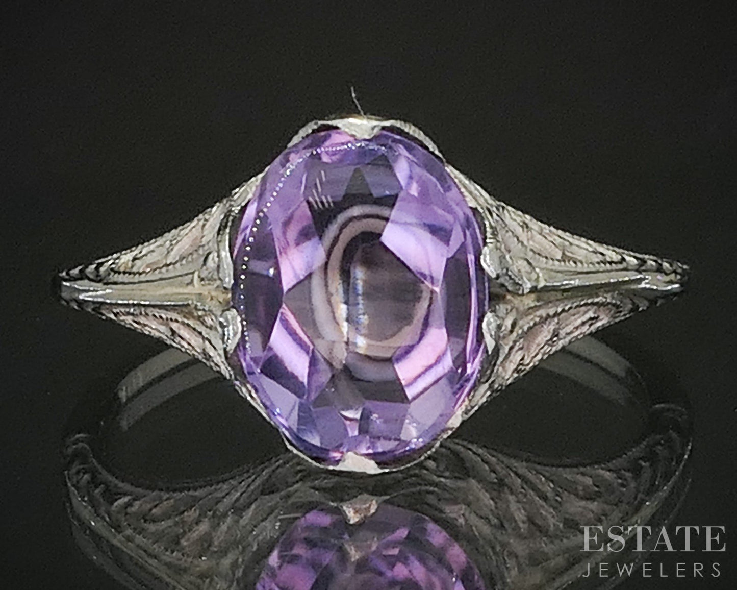 Antique 10k White Gold Oval Natural Amethyst Filigree Ladies Ring 1.5g p16594b