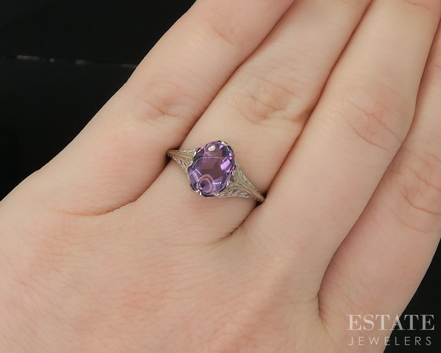 Antique 10k White Gold Oval Natural Amethyst Filigree Ladies Ring 1.5g p16594b