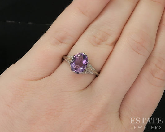 Antique 10k White Gold Oval Natural Amethyst Filigree Ladies Ring 1.5g p16594b
