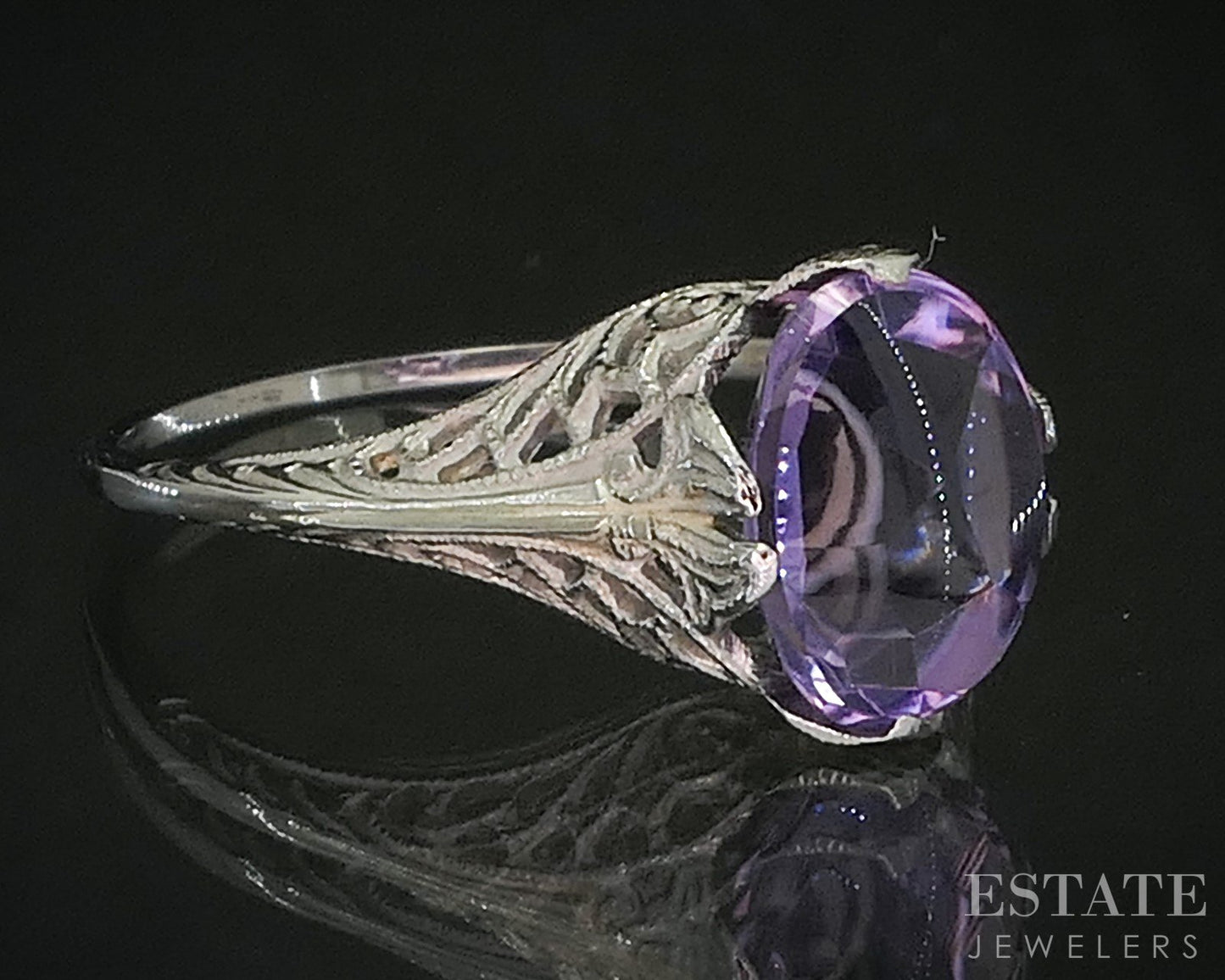 Antique 10k White Gold Oval Natural Amethyst Filigree Ladies Ring 1.5g p16594b