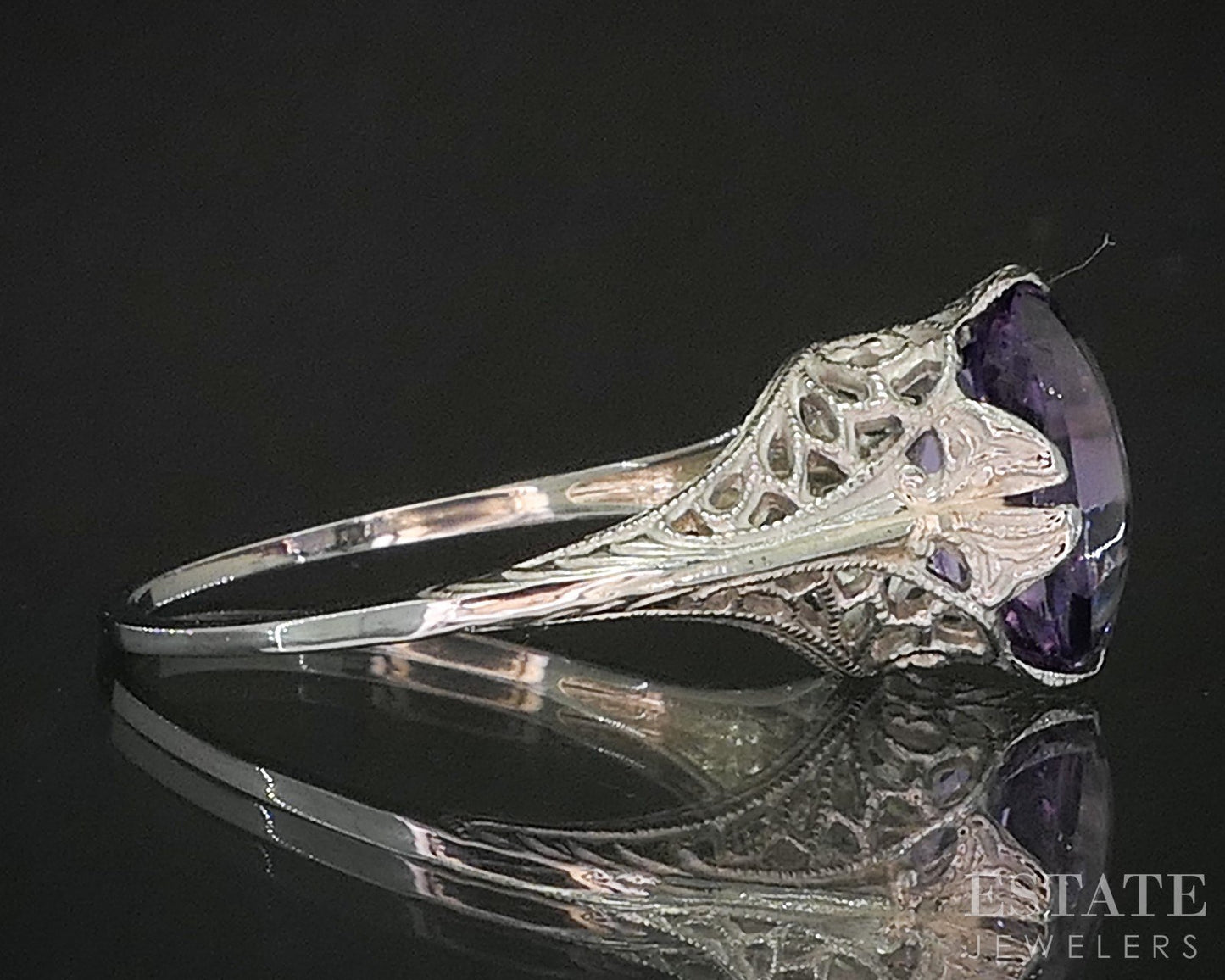 Antique 10k White Gold Oval Natural Amethyst Filigree Ladies Ring 1.5g p16594b