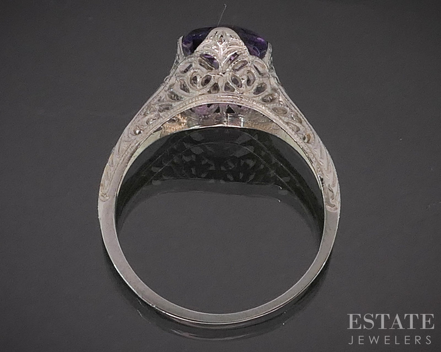 Antique 10k White Gold Oval Natural Amethyst Filigree Ladies Ring 1.5g p16594b