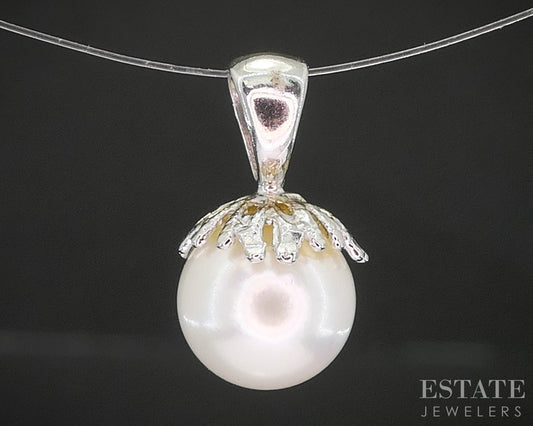 Vintage 14k White Gold 7.3mm Cultured Pearl Ladies Pendant 1.0g p16592b
