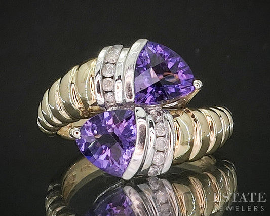 14k Yellow Gold Natural Amethyst & Diamond Bypass Ladies Ring 6.1g p16658b