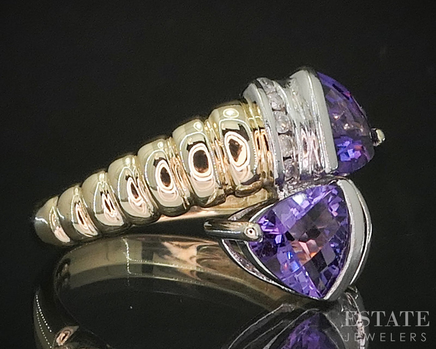 14k Yellow Gold Natural Amethyst & Diamond Bypass Ladies Ring 6.1g p16658b