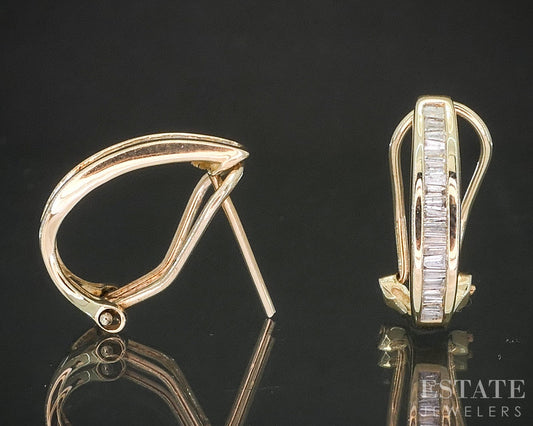 10k Yellow Gold Natural .20ctw Diamond J Hoop Omega Back Earrings 1.9g p16641b