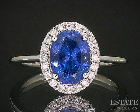 18k White Gold Oval Natural Tanzanite & Diamond Halo Ladies Ring 2.8g p16650b