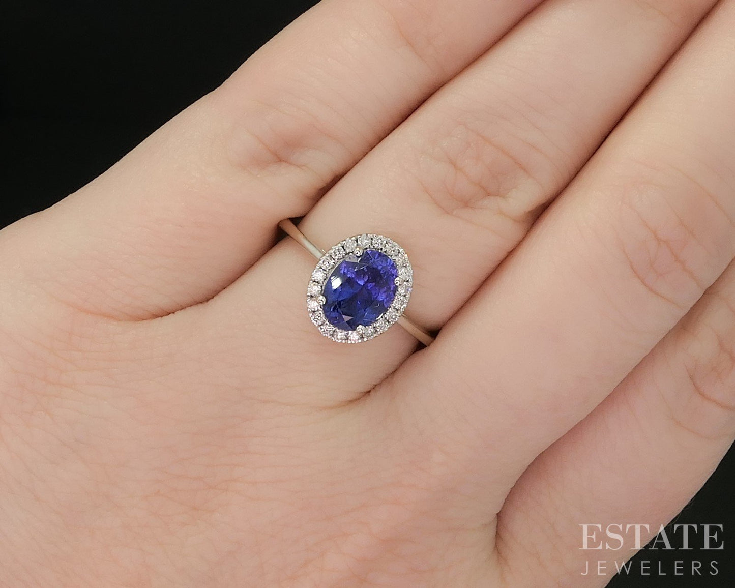 18k White Gold Oval Natural Tanzanite & Diamond Halo Ladies Ring 2.8g p16650b