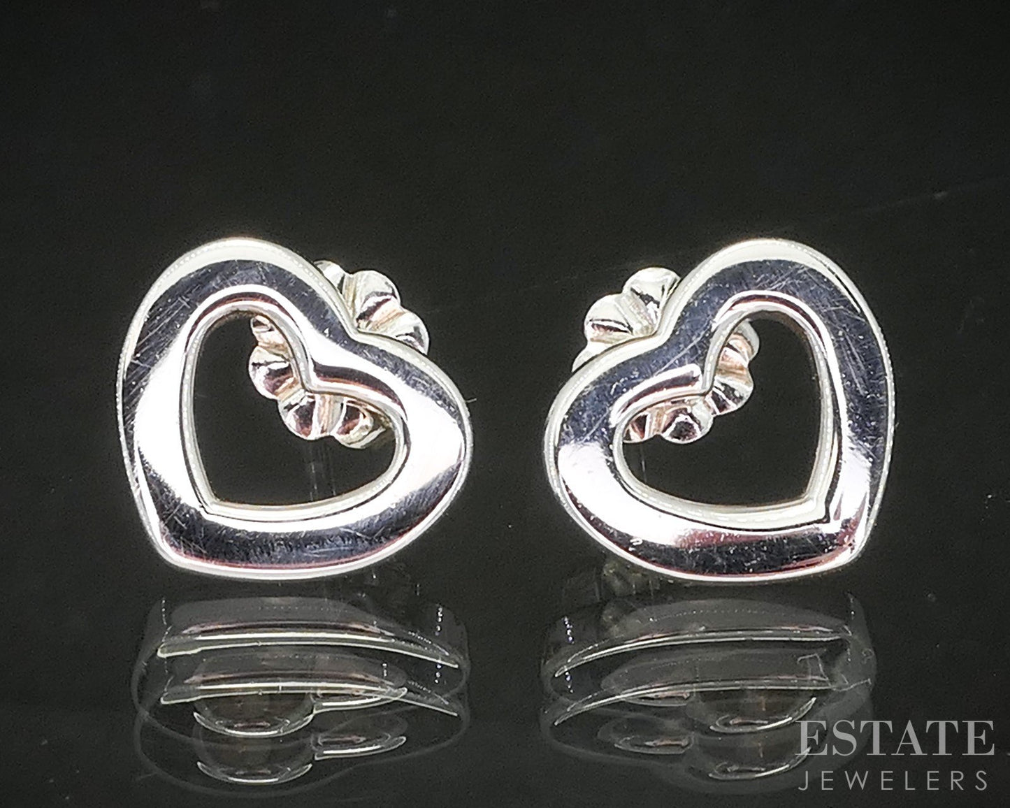 Sterling Silver Tiffany & Co Open Heart Stud Earrings 3.1g p14933