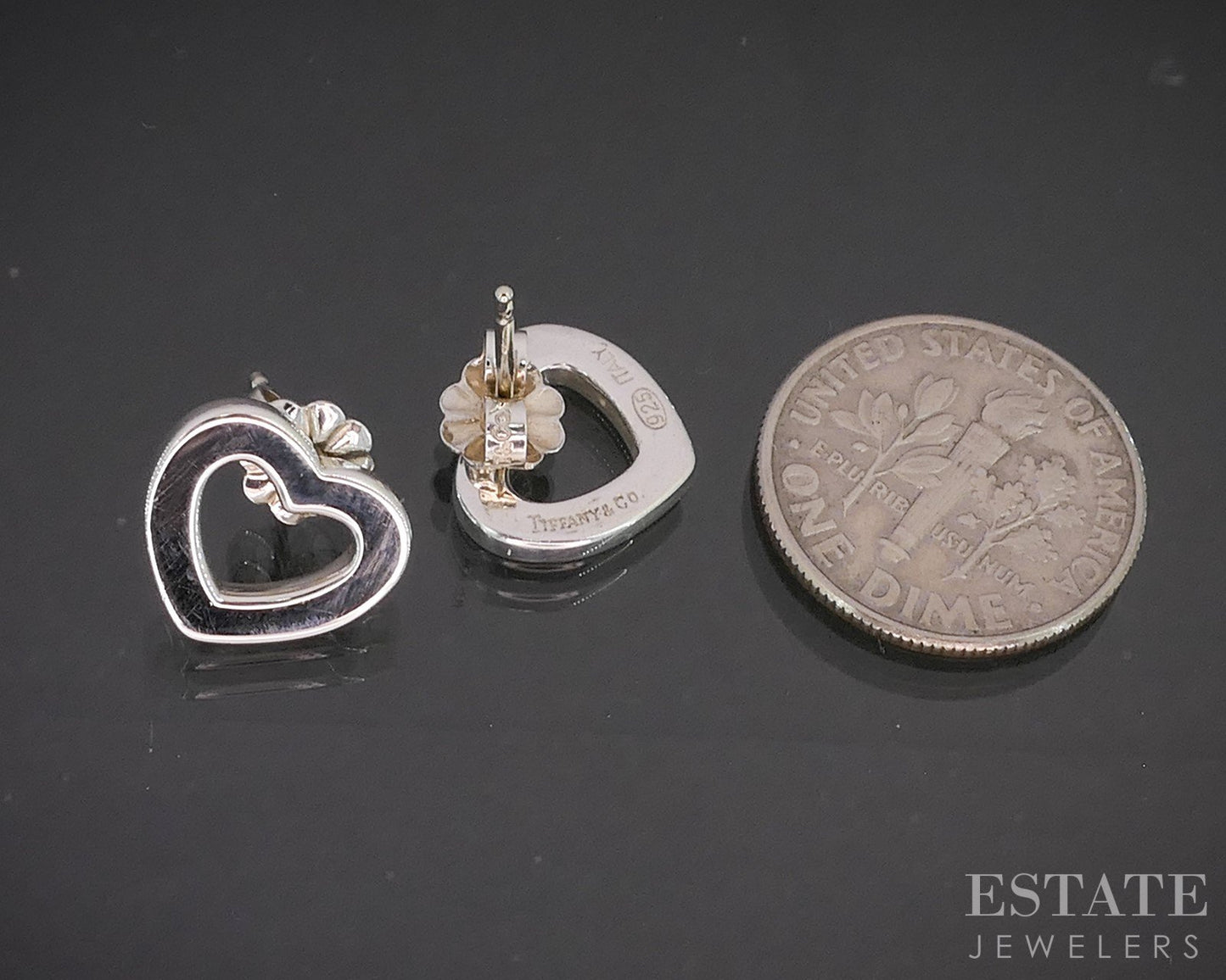 Sterling Silver Tiffany & Co Open Heart Stud Earrings 3.1g p14933