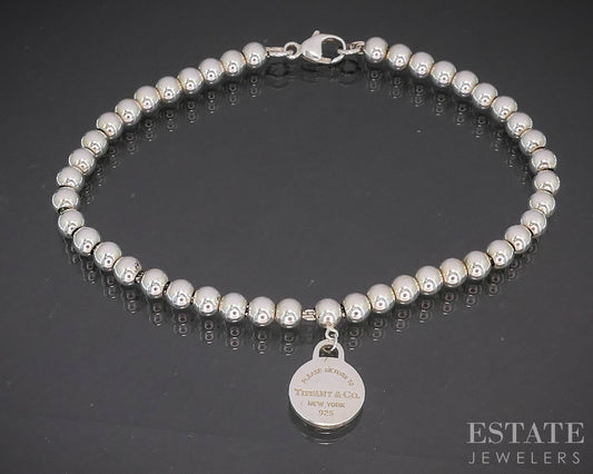 Sterling Tiffany & Co. Return Heart Charm Beaded Chain Bracelet 5.5g 7"L p14965