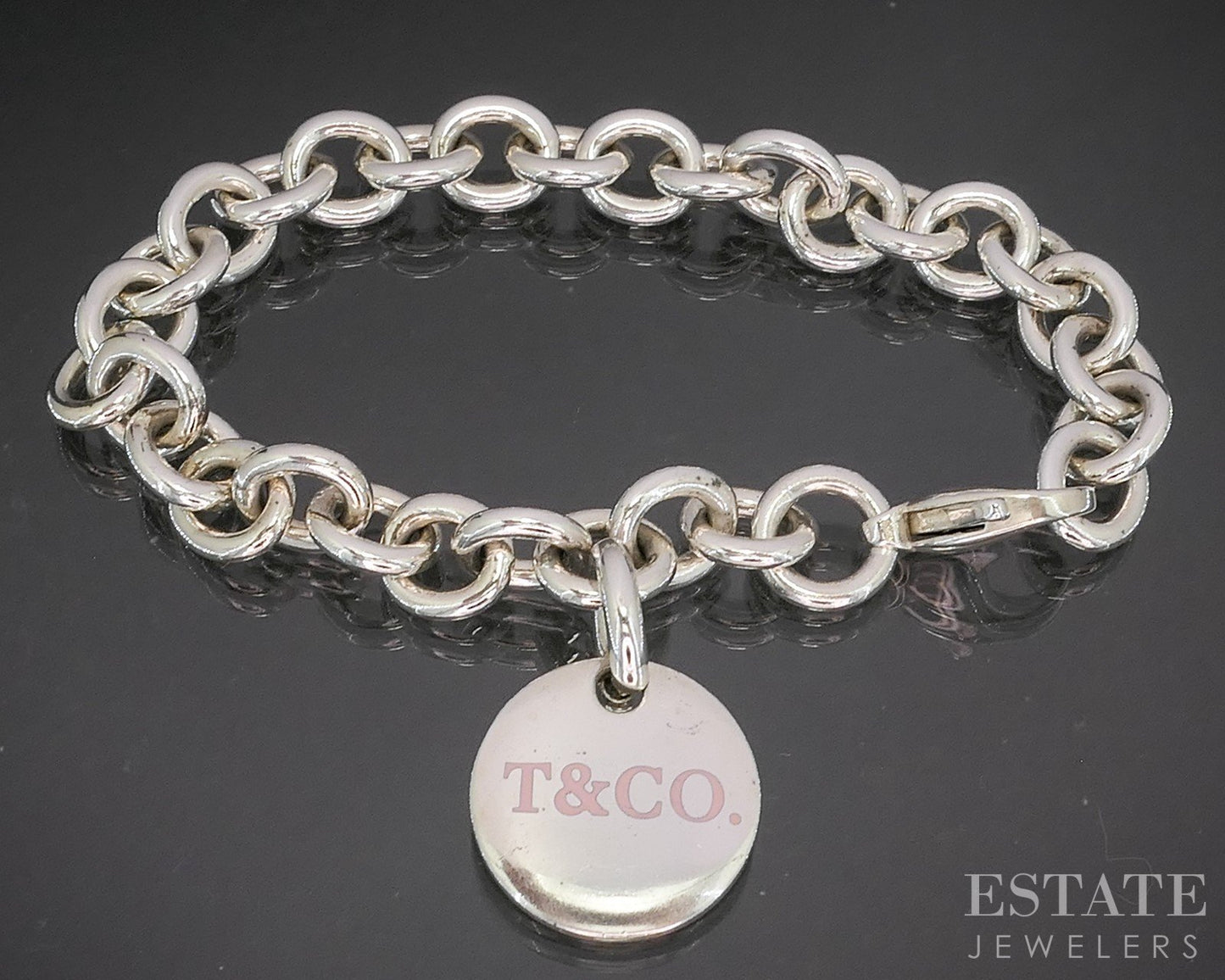 Sterling Tiffany & Co. Pink Enameled Tag Cable Chain Bracelet 25g 6.75"L p14958