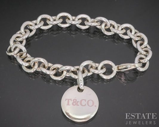Sterling Tiffany & Co. Pink Enameled Tag Cable Chain Bracelet 25g 6.75"L p14958