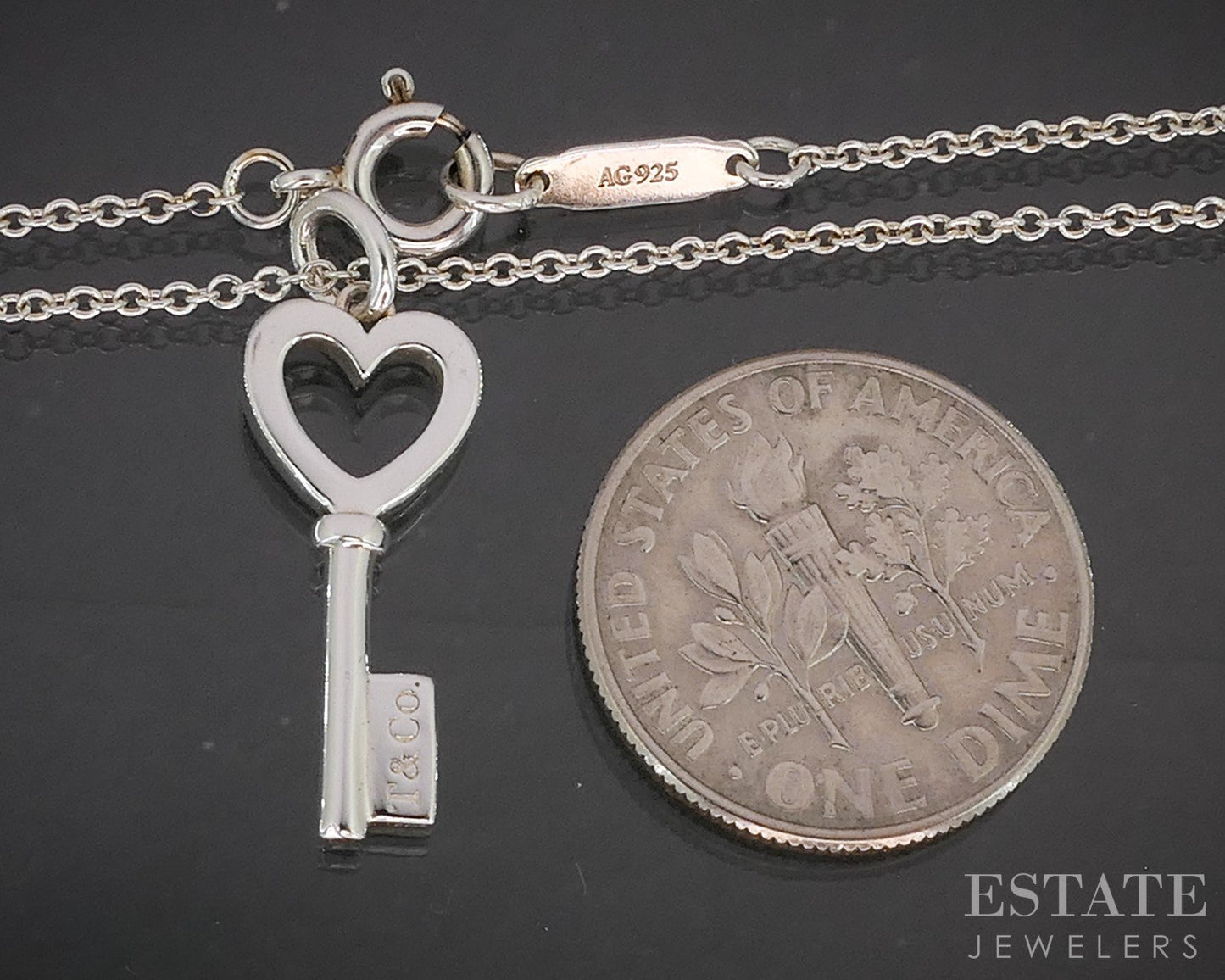 Sterling Silver Tiffany & Co. Heart Skeleton Key Necklace 2.4g 16"L p14936
