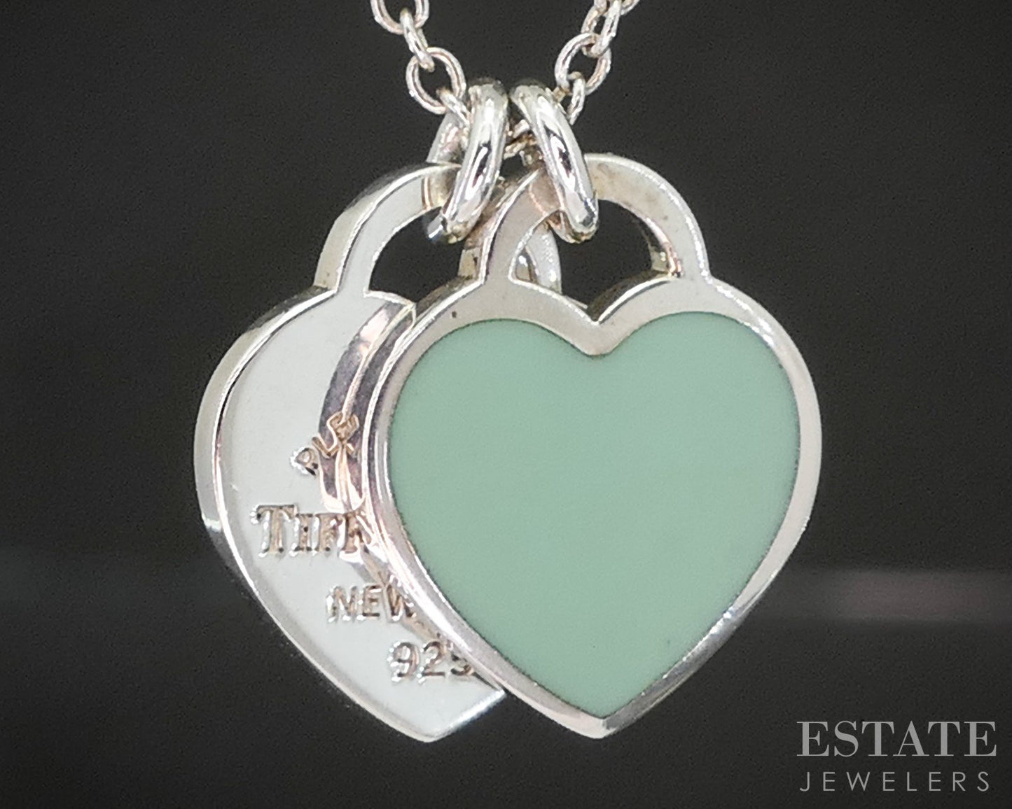 Sterling Tiffany & Co. Enameled Double Heart Tag Necklace 2.8g 16"L p14938