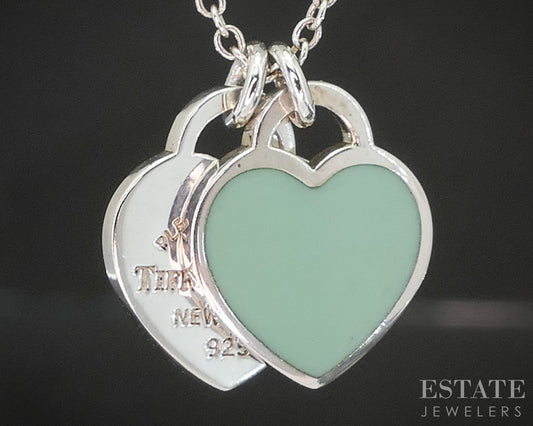 Sterling Tiffany & Co. Enameled Double Heart Tag Necklace 2.8g 16"L p14938