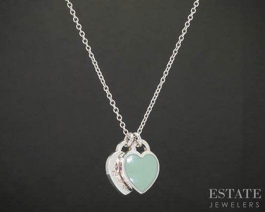Sterling Tiffany & Co. Enameled Double Heart Tag Necklace 2.8g 16"L p14938