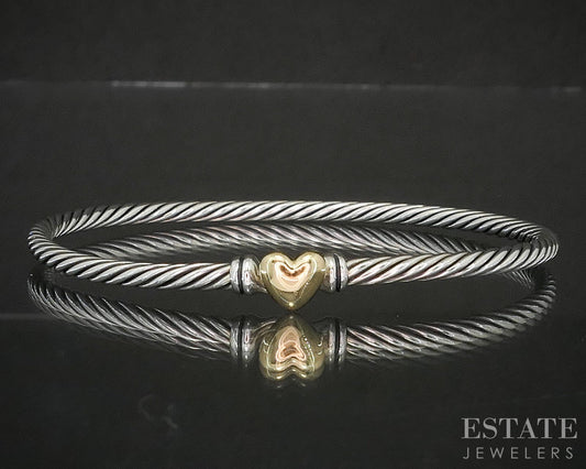18k & Sterling David Yurman Heart Cable Bangle Bracelet 10.1g p14888