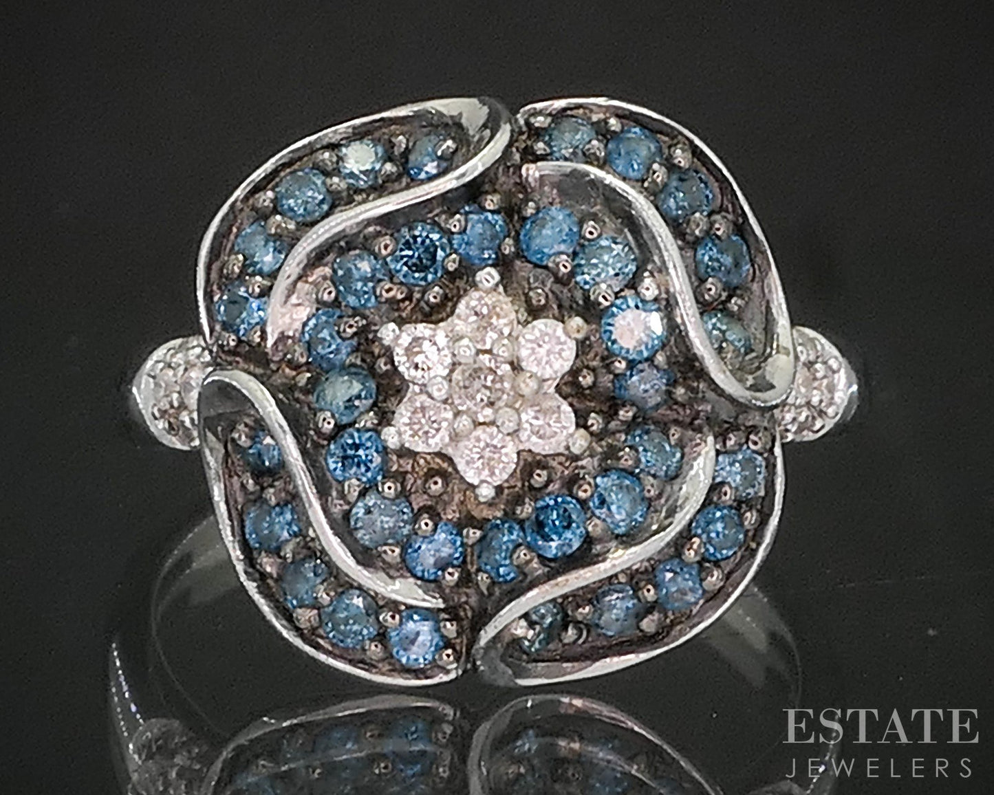 Sterling Silver Natural Blue & White Diamond Flower Ladies Ring 5.9g p17245