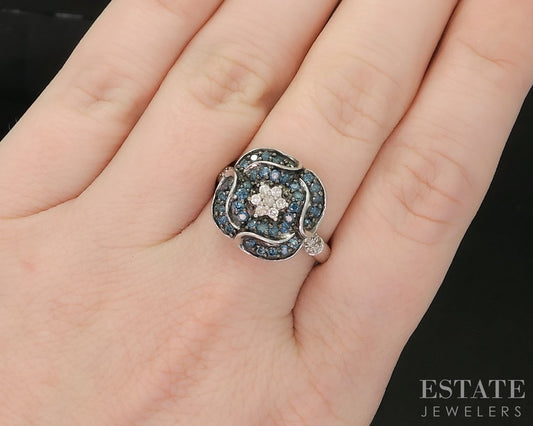 Sterling Silver Natural Blue & White Diamond Flower Ladies Ring 5.9g p17245