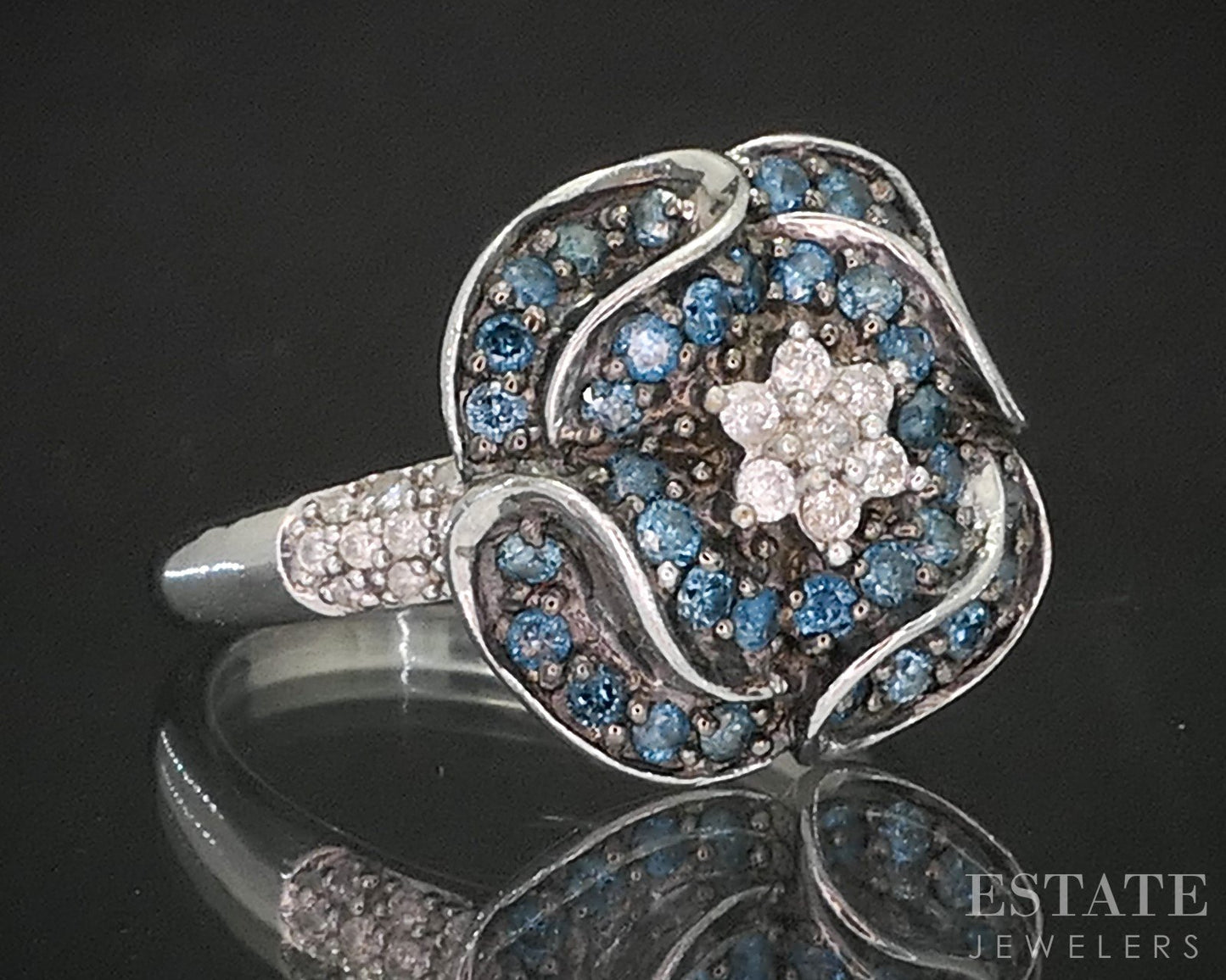Sterling Silver Natural Blue & White Diamond Flower Ladies Ring 5.9g p17245