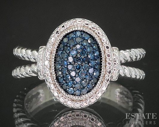 Sterling Silver Natural Blue Diamond Cluster Ladies Ring 6.2g p17251